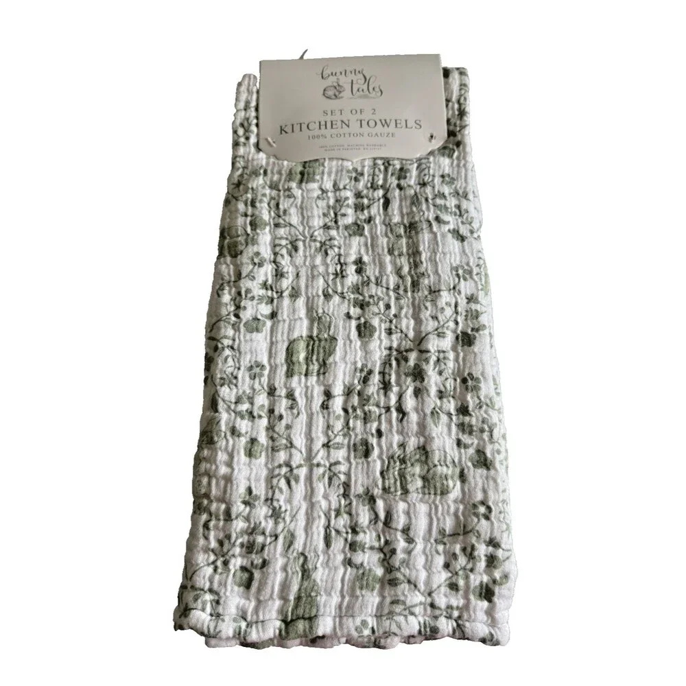 Bunny Tails Set Of 2 Green Bunny Floral Kitchen Dish Towels 100% Cotton Gauze